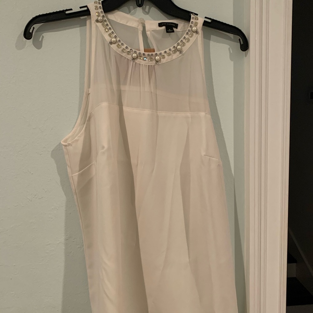 Ann Taylor White High Neck Blouse with Jewels